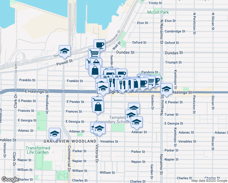 map of restaurants, bars, coffee shops, grocery stores, and more near 2009 East Hastings Street in Vancouver