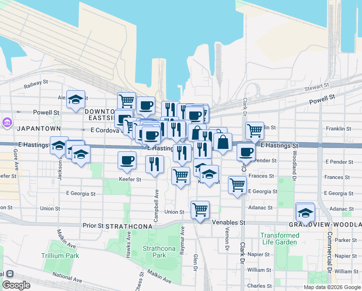 map of restaurants, bars, coffee shops, grocery stores, and more near 983 East Hastings Street in Vancouver