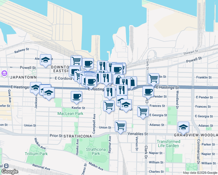 map of restaurants, bars, coffee shops, grocery stores, and more near 983 East Hastings Street in Vancouver