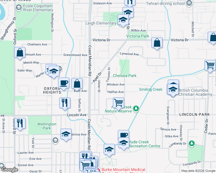 map of restaurants, bars, coffee shops, grocery stores, and more near 2502 Windsor Avenue in Port Coquitlam