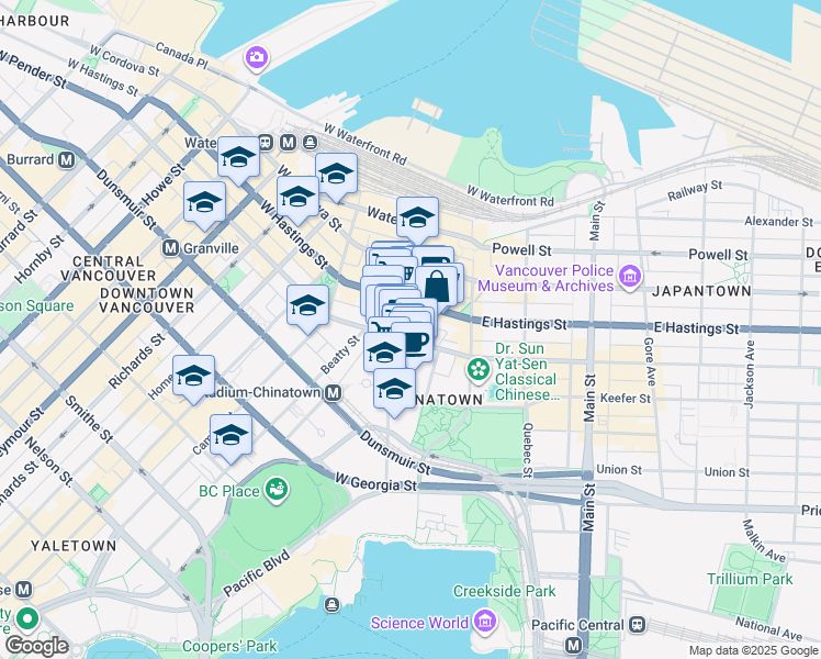 map of restaurants, bars, coffee shops, grocery stores, and more near in Vancouver
