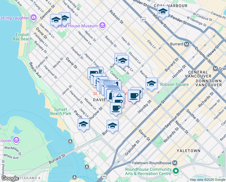 map of restaurants, bars, coffee shops, grocery stores, and more near 1108 Pendrell Street in Vancouver