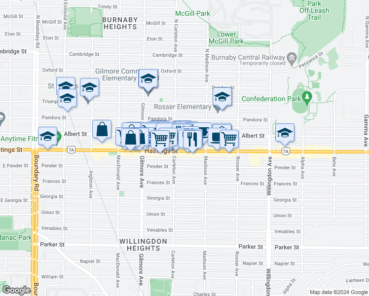 map of restaurants, bars, coffee shops, grocery stores, and more near 4223 Hastings Street in Burnaby