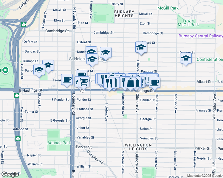 map of restaurants, bars, coffee shops, grocery stores, and more near in Burnaby