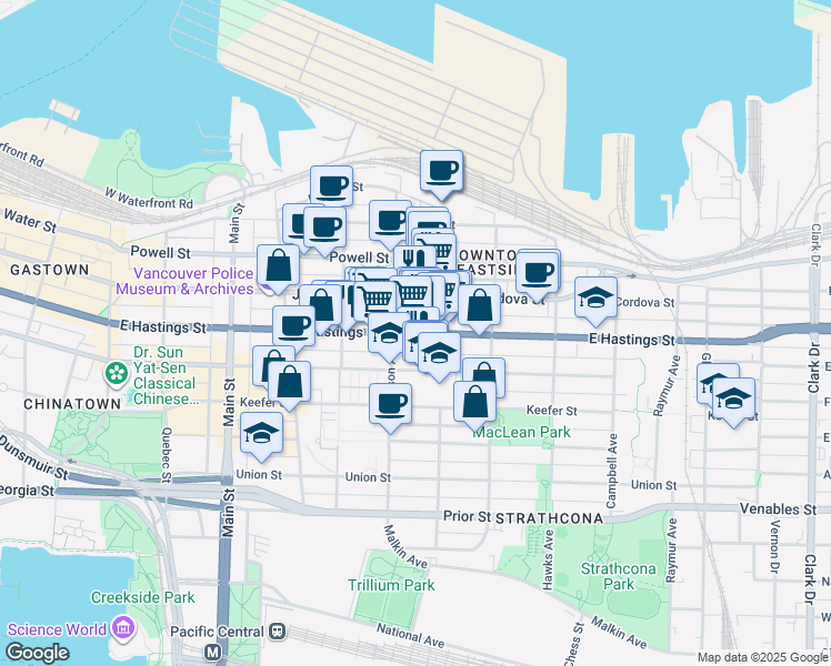 map of restaurants, bars, coffee shops, grocery stores, and more near 535 East Hastings Street in Vancouver