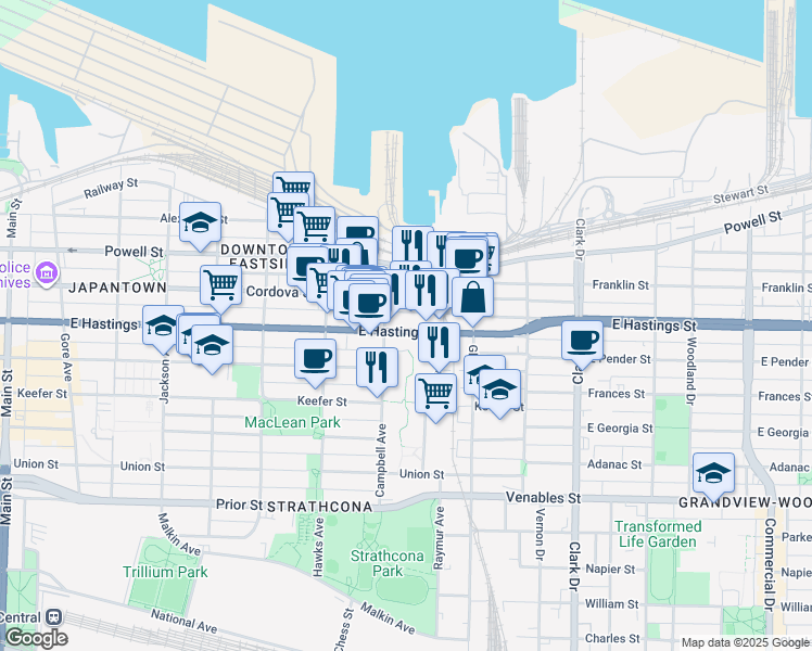 map of restaurants, bars, coffee shops, grocery stores, and more near 933 East Hastings Street in Vancouver
