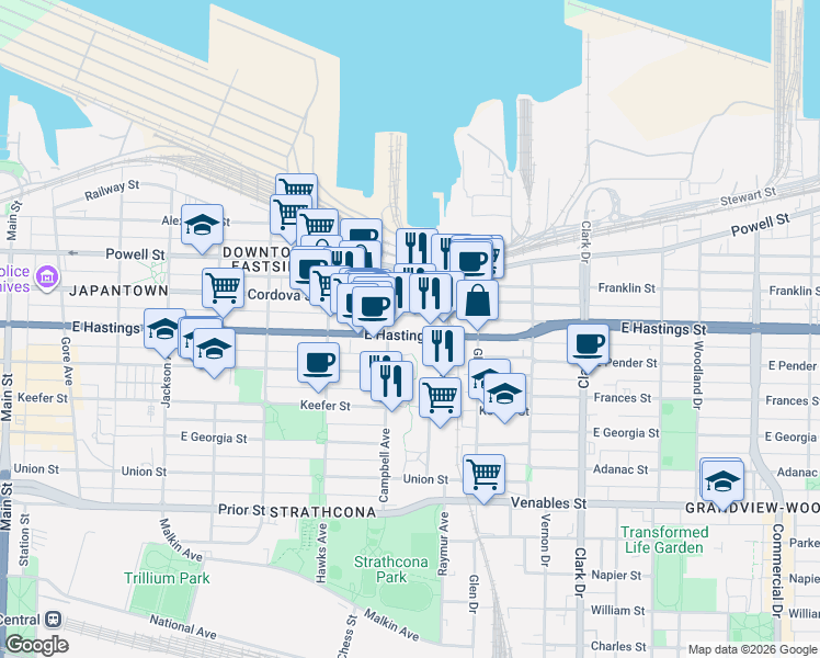 map of restaurants, bars, coffee shops, grocery stores, and more near 933 East Hastings Street in Vancouver
