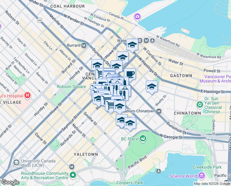 map of restaurants, bars, coffee shops, grocery stores, and more near 702 Richards Street in Vancouver