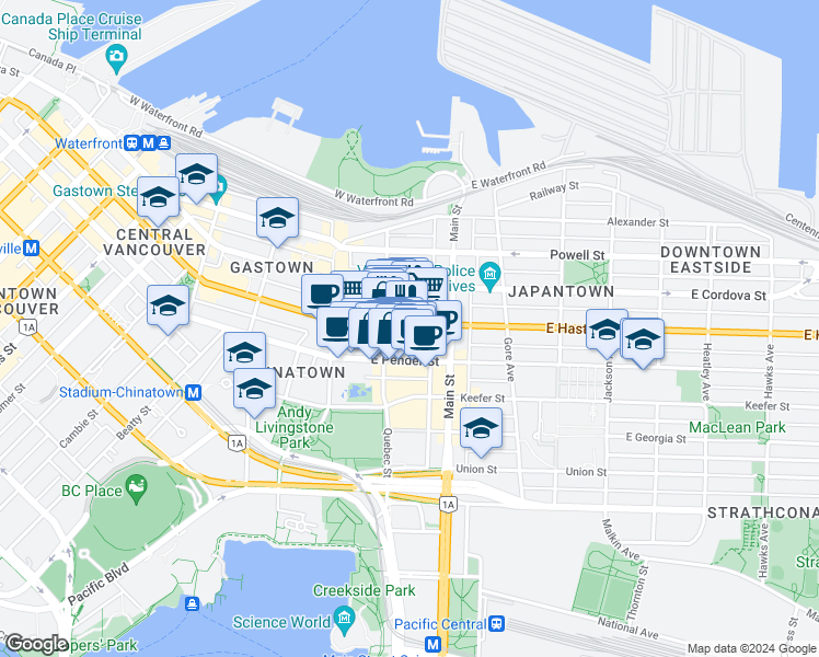 map of restaurants, bars, coffee shops, grocery stores, and more near 138 East Hastings Street in Vancouver