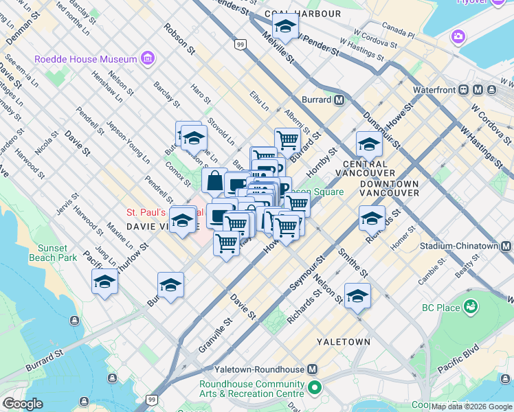 map of restaurants, bars, coffee shops, grocery stores, and more near 989 Nelson Street in Vancouver