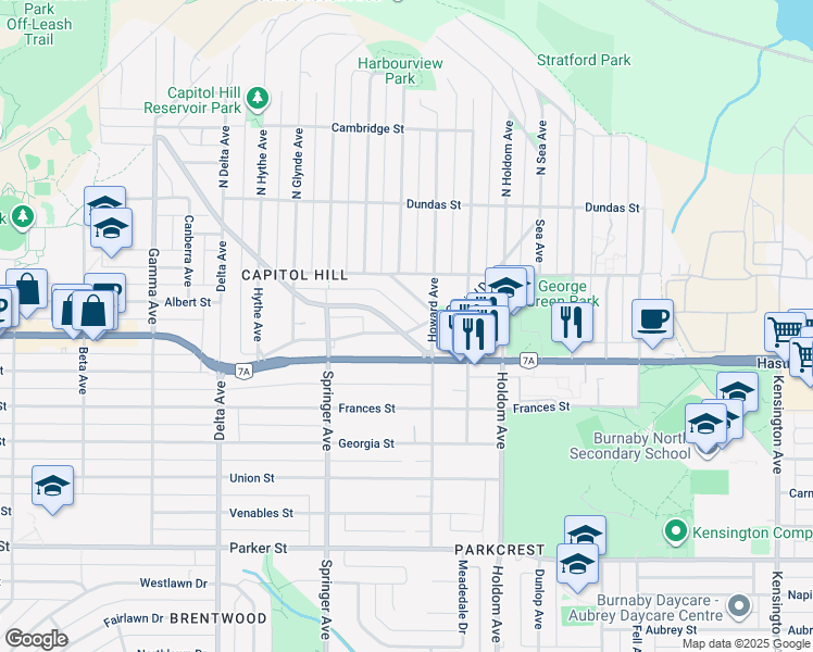 map of restaurants, bars, coffee shops, grocery stores, and more near 5399 Empire Drive in Burnaby