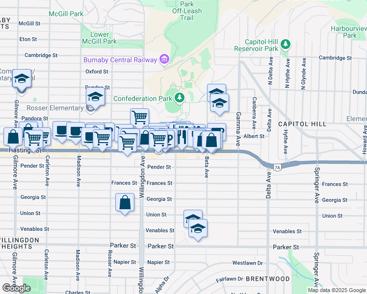 map of restaurants, bars, coffee shops, grocery stores, and more near 4590 Hastings Street in Burnaby
