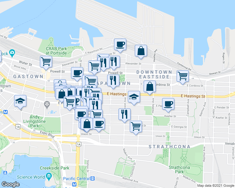 map of restaurants, bars, coffee shops, grocery stores, and more near 437 E Hastings St in Vancouver