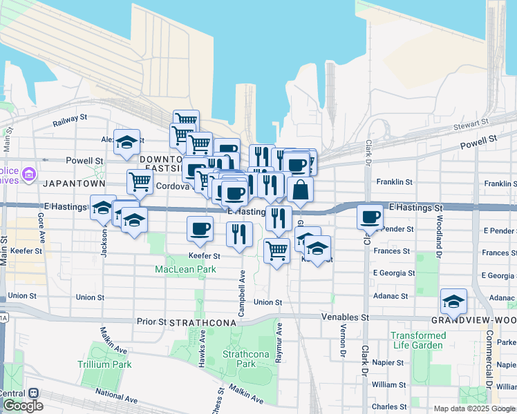 map of restaurants, bars, coffee shops, grocery stores, and more near 939 East Hastings Street in Vancouver