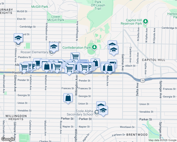 map of restaurants, bars, coffee shops, grocery stores, and more near 4526 Hastings Street in Burnaby