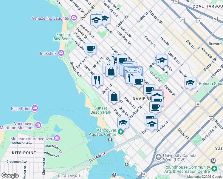 map of restaurants, bars, coffee shops, grocery stores, and more near 1285 Harwood Street in Vancouver