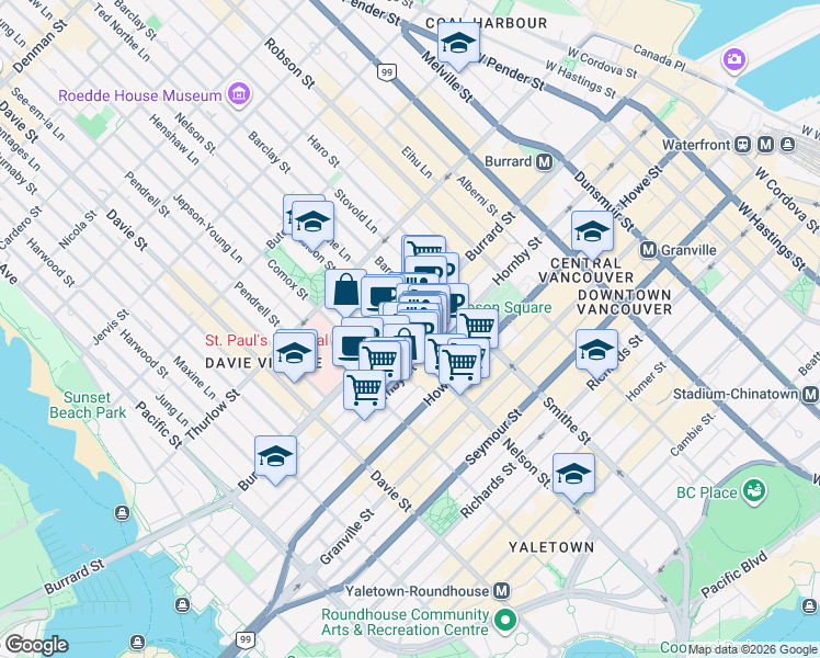 map of restaurants, bars, coffee shops, grocery stores, and more near 970 Burrard Street in Vancouver