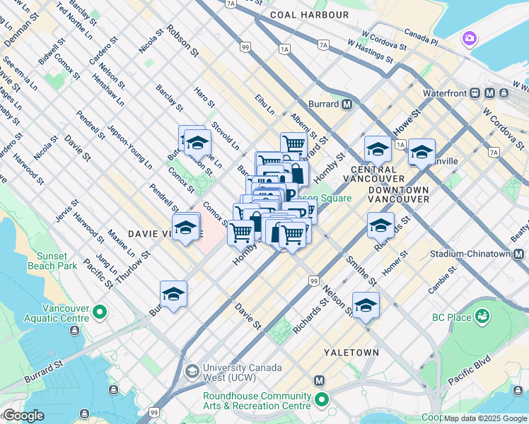 map of restaurants, bars, coffee shops, grocery stores, and more near 928 Nelson Street in Vancouver