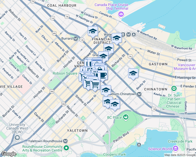 map of restaurants, bars, coffee shops, grocery stores, and more near 502 West Georgia Street in Vancouver