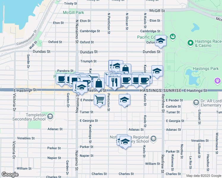 map of restaurants, bars, coffee shops, grocery stores, and more near 2603 East Hastings Street in Vancouver