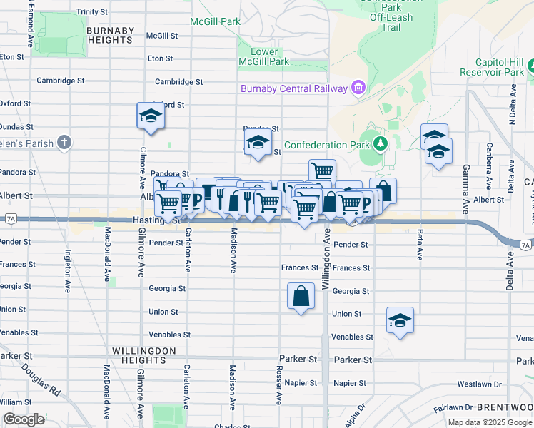map of restaurants, bars, coffee shops, grocery stores, and more near 4359 Hastings Street in Burnaby