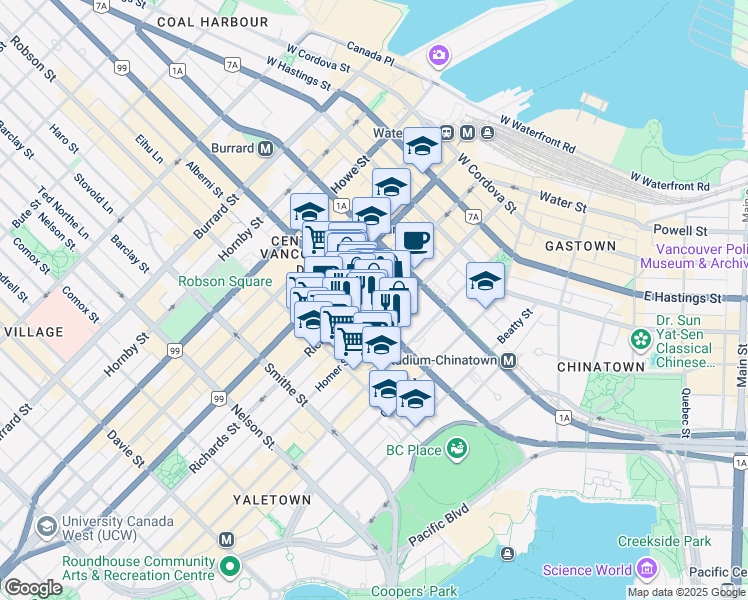 map of restaurants, bars, coffee shops, grocery stores, and more near in Vancouver