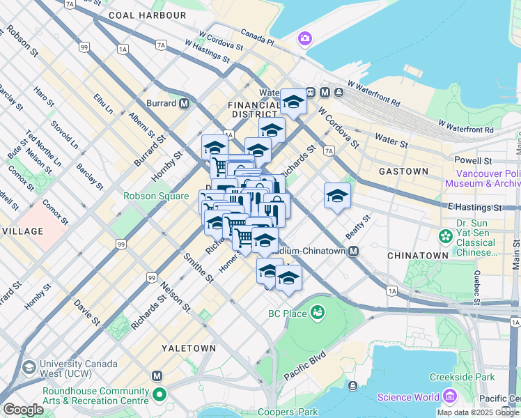 map of restaurants, bars, coffee shops, grocery stores, and more near 475 West Georgia Street in Vancouver