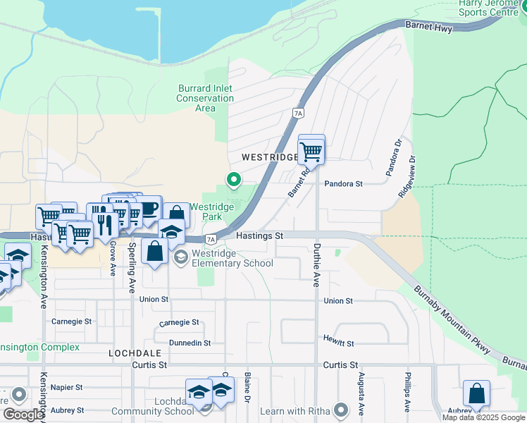 map of restaurants, bars, coffee shops, grocery stores, and more near 175 Barnet Road in Burnaby