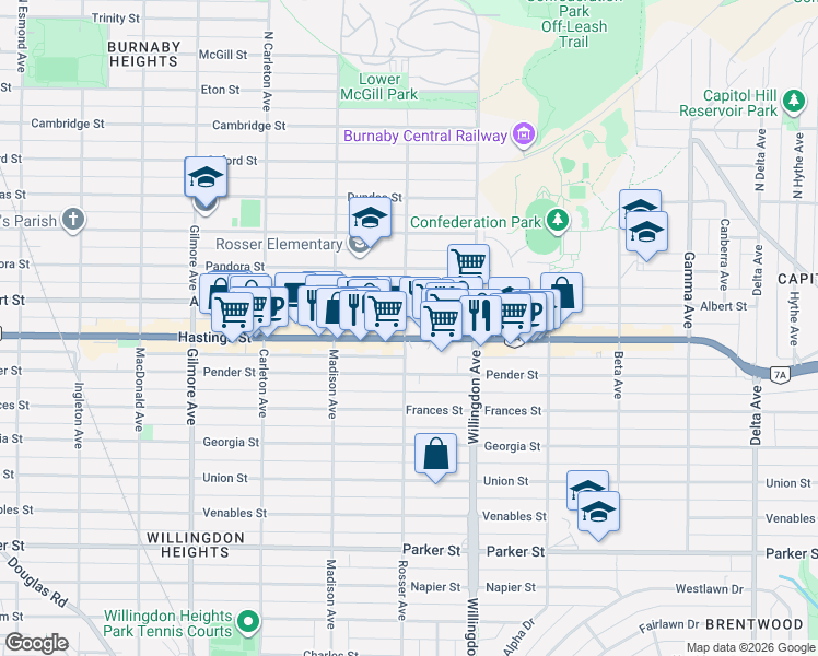 map of restaurants, bars, coffee shops, grocery stores, and more near 4382 Hastings Street in Burnaby