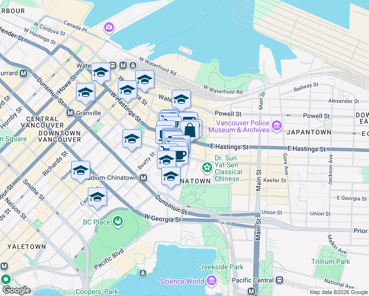 map of restaurants, bars, coffee shops, grocery stores, and more near in Vancouver
