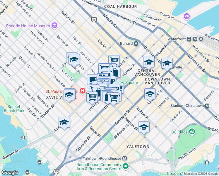 map of restaurants, bars, coffee shops, grocery stores, and more near 928 Nelson Street in Vancouver