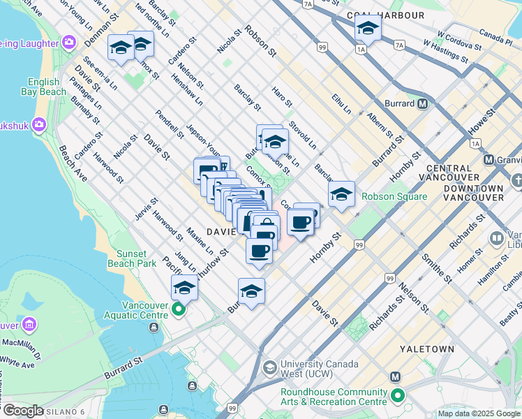 map of restaurants, bars, coffee shops, grocery stores, and more near 1119 Pendrell Street in Vancouver