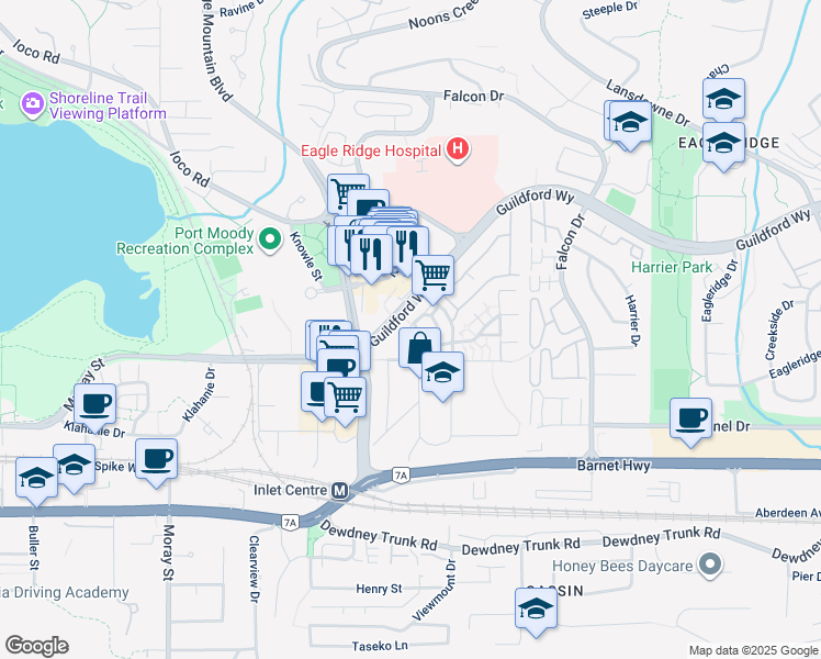 map of restaurants, bars, coffee shops, grocery stores, and more near 250 Balmoral Place in Port Moody