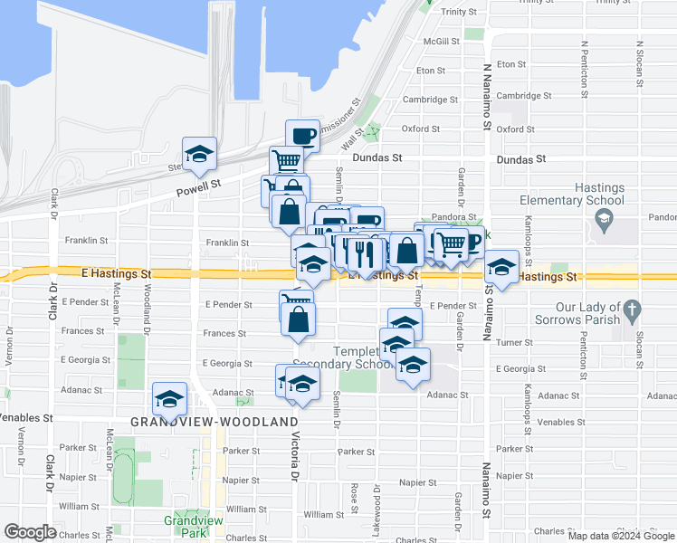 map of restaurants, bars, coffee shops, grocery stores, and more near 388 Semlin Drive in Vancouver