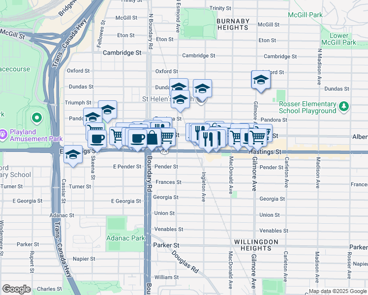 map of restaurants, bars, coffee shops, grocery stores, and more near 3811 Hastings Street in Burnaby