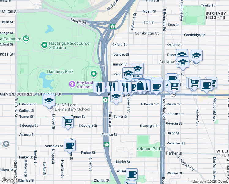 map of restaurants, bars, coffee shops, grocery stores, and more near 3423 East Hastings Street in Vancouver
