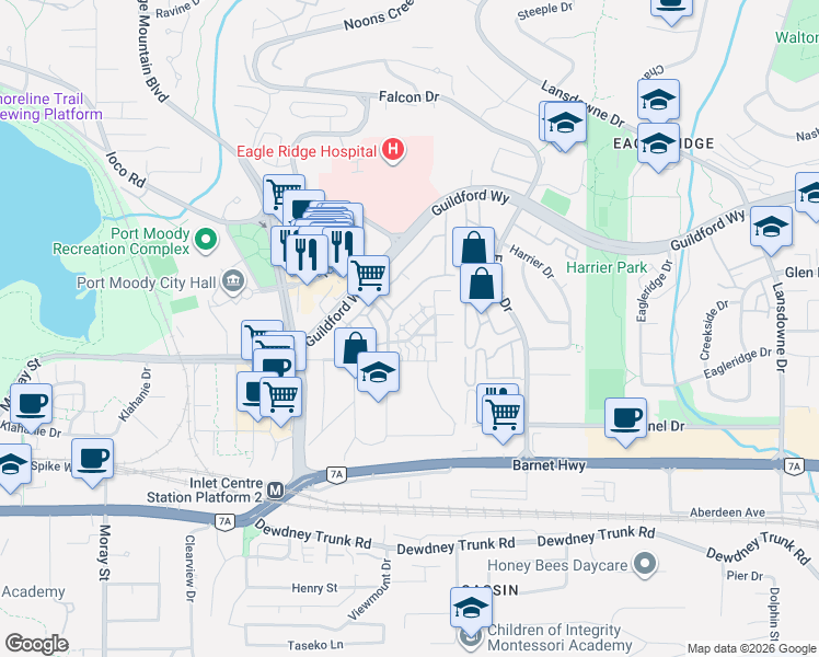 map of restaurants, bars, coffee shops, grocery stores, and more near 306 Highland Way in Port Moody