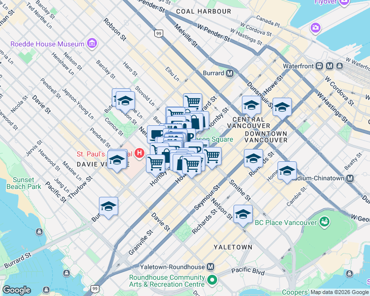 map of restaurants, bars, coffee shops, grocery stores, and more near 933 Hornby Street in Vancouver