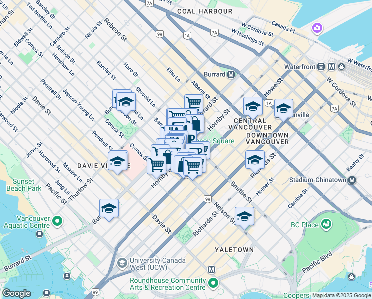map of restaurants, bars, coffee shops, grocery stores, and more near 933 Hornby Street in Vancouver