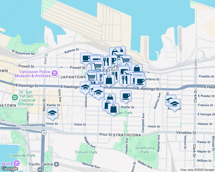 map of restaurants, bars, coffee shops, grocery stores, and more near 651 East Hastings Street in Vancouver