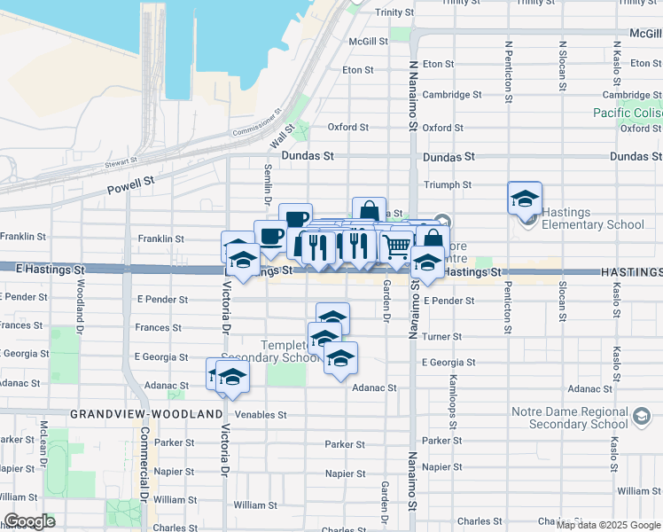 map of restaurants, bars, coffee shops, grocery stores, and more near in Vancouver
