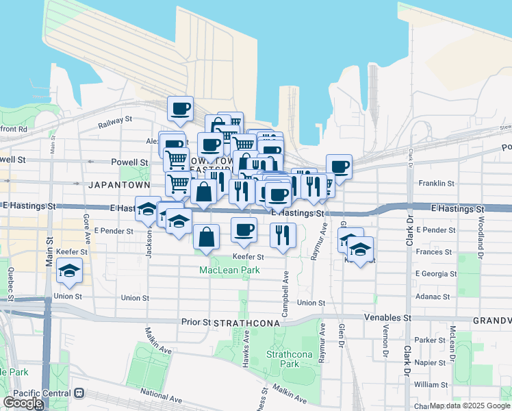 map of restaurants, bars, coffee shops, grocery stores, and more near 803 East Hastings Street in Vancouver