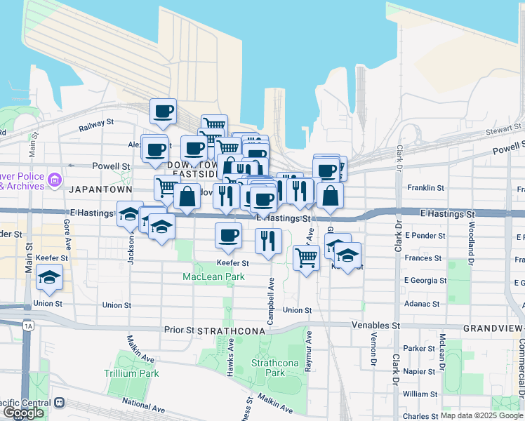 map of restaurants, bars, coffee shops, grocery stores, and more near in Vancouver