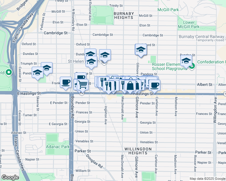 map of restaurants, bars, coffee shops, grocery stores, and more near 3939 Hastings Street in Burnaby