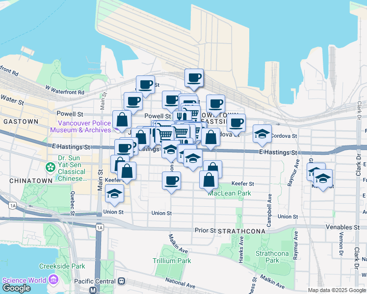 map of restaurants, bars, coffee shops, grocery stores, and more near 533 East Hastings Street in Vancouver