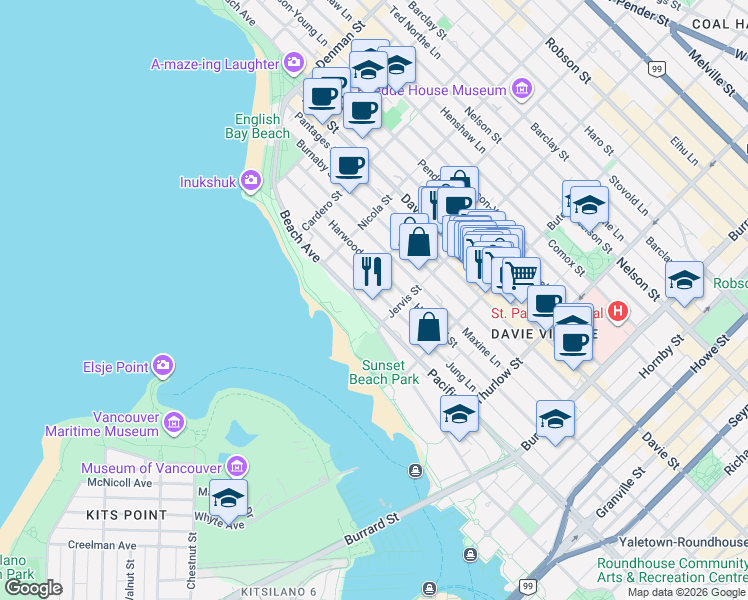 map of restaurants, bars, coffee shops, grocery stores, and more near 1311 Beach Avenue in Vancouver