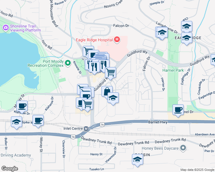 map of restaurants, bars, coffee shops, grocery stores, and more near 233 Balmoral Place in Port Moody