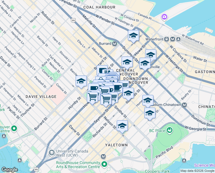 map of restaurants, bars, coffee shops, grocery stores, and more near 828 Howe Street in Vancouver