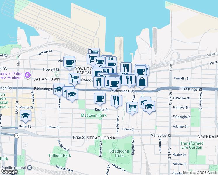 map of restaurants, bars, coffee shops, grocery stores, and more near in Vancouver