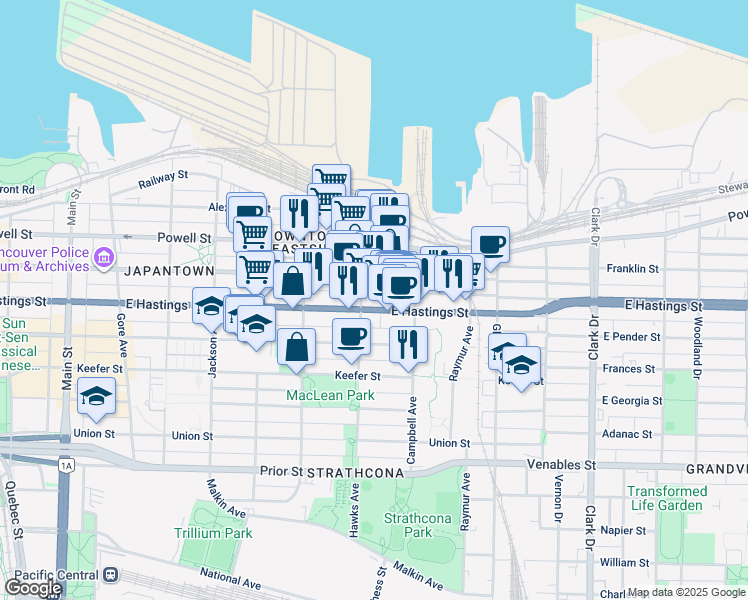 map of restaurants, bars, coffee shops, grocery stores, and more near 800 East Hastings Street in Vancouver